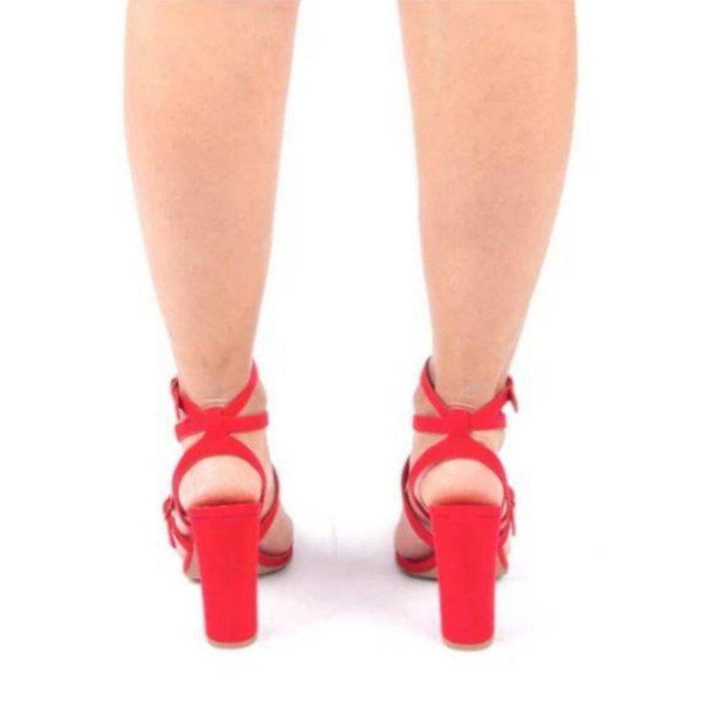Strappy Faux Suede Block Heels in Red - Picture 6 of 9